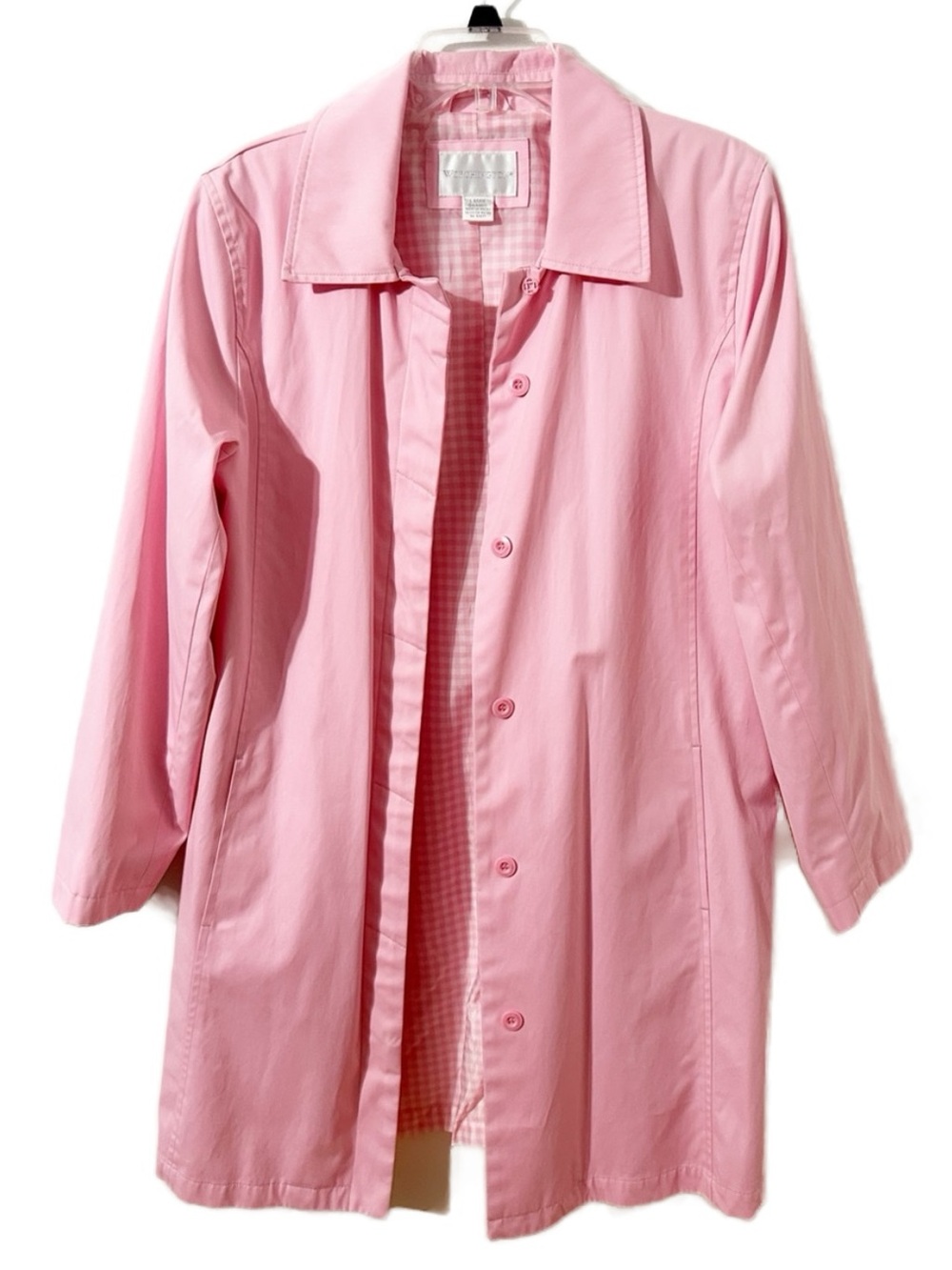 Worthington Pastel Pink Trench Coat Large Gingham Lined Button Rain Jacket